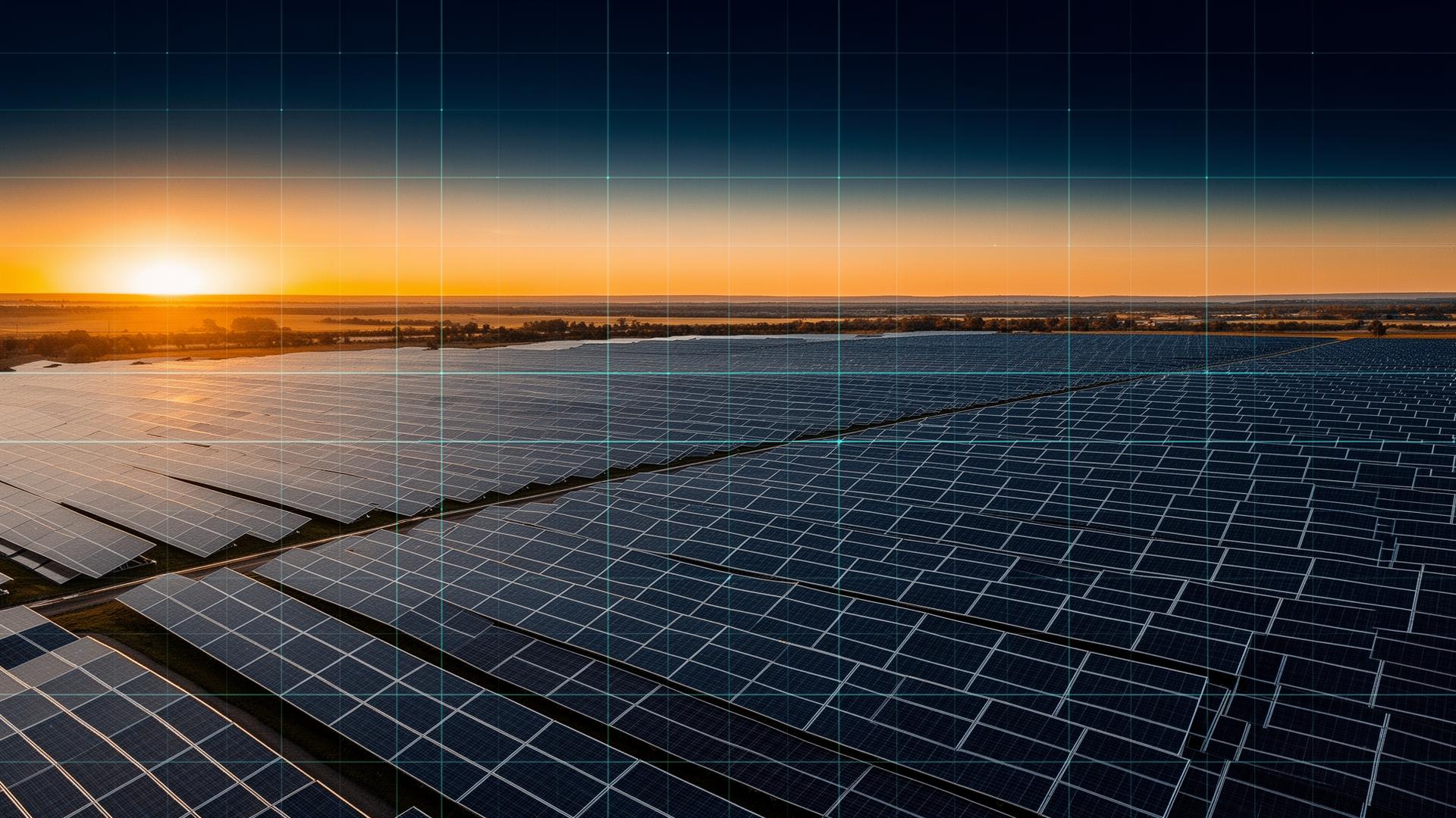 Solar farm at sunrise with engineering grid overlay